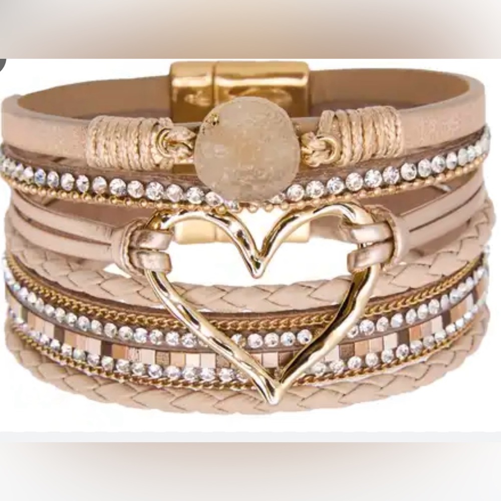 Dalgu Gold Tone Tan Pink Gold T Heart Magnetic Close Cuff Vegan Leather Bracelet